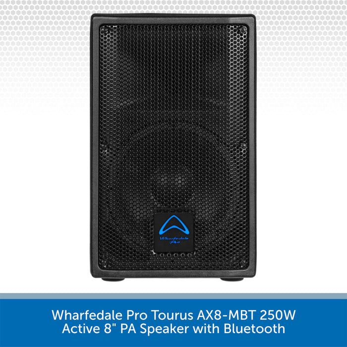 Black active PA speaker with Wharfedale Pro logo on a white background