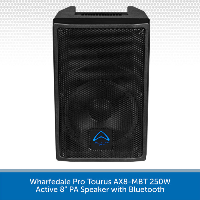 Black active 8-inch PA speaker with Bluetooth on a white background, featuring Wharfedale Pro logo.