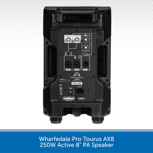 Back view of a Wharfedale Pro Tourus AX8 active PA speaker on a white background