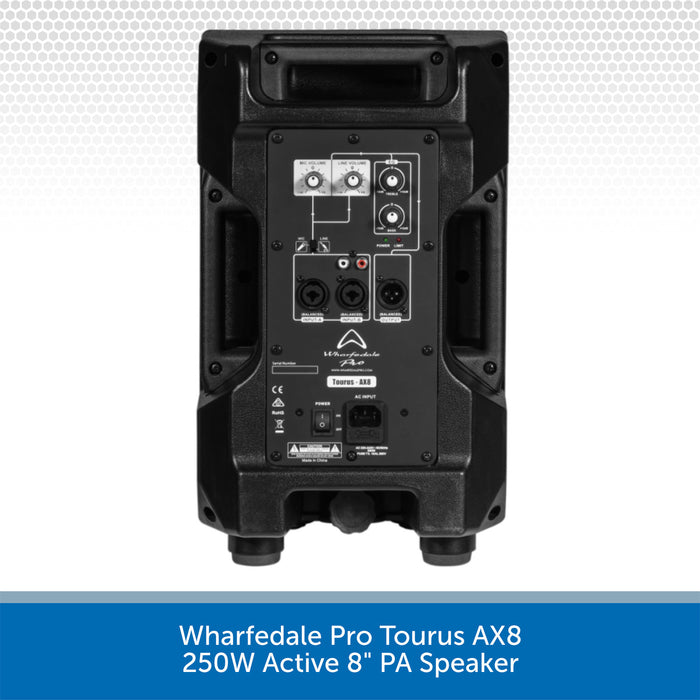 Back view of a Wharfedale Pro Tourus AX8 active PA speaker on a white background
