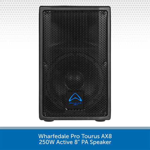 Black Wharfedale Pro Tourus AX8 active PA speaker on a white background