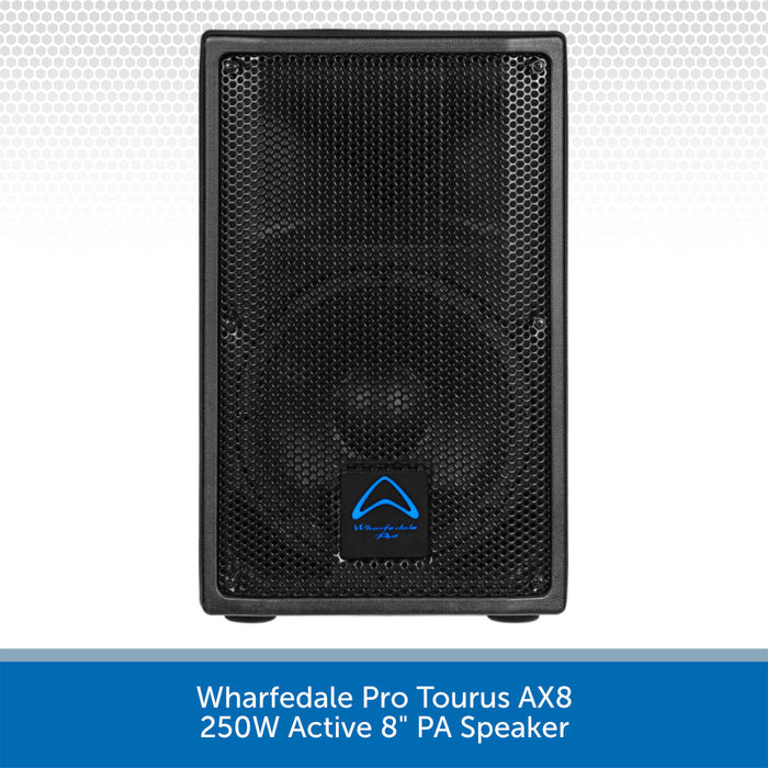 Black Wharfedale Pro Tourus AX8 active PA speaker on a white background