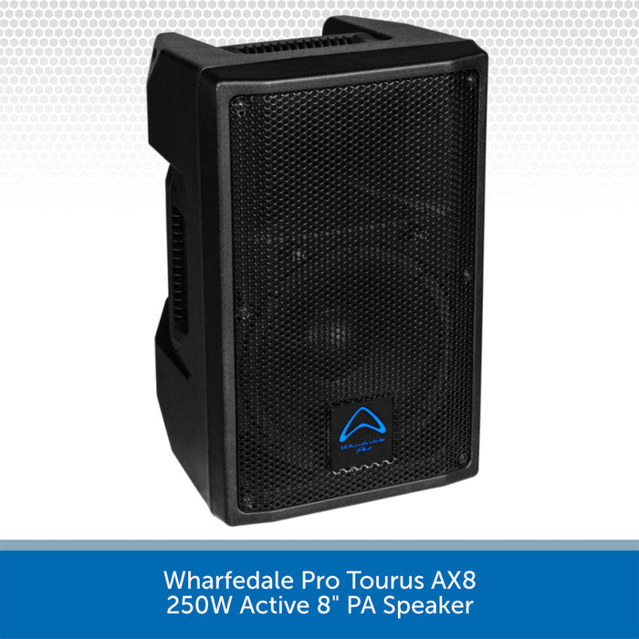 Black Wharfedale Pro Tourus AX8 active PA speaker on a white background