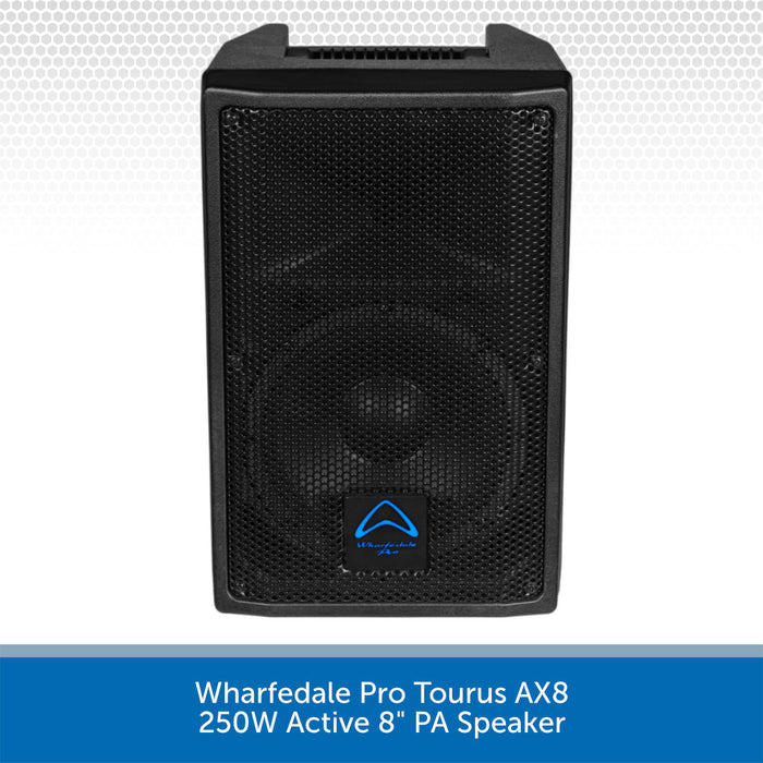 Black active PA speaker with Wharfedale Pro logo on a white background