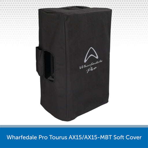 Black soft cover for Wharfedale Pro Tourus AX15/AX15-MBT speaker with brand logo on a white background.