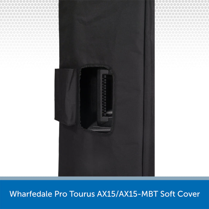 Black soft cover for Wharfedale Pro Tourus AX15/AX15-MBT with a strap detail on a white background.