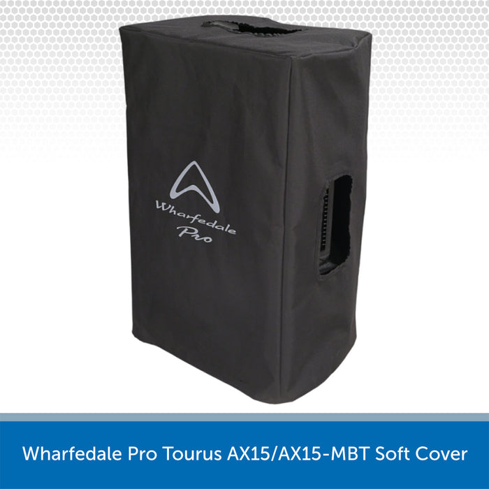 Black soft cover for Wharfedale Pro Tourus AX15/AX15-MBT speaker on a white background