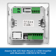 A silver wall-mount amplifier unit with green terminal blocks and a white label, shown on a white background with a blue text banner at the bottom.