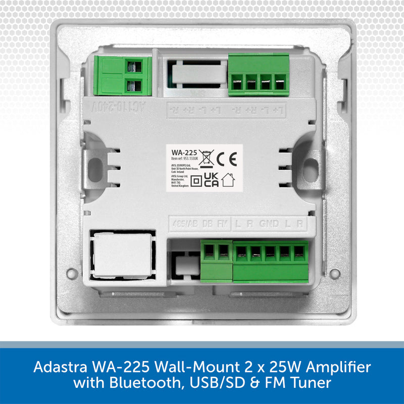 A silver wall-mount amplifier unit with green terminal blocks and a white label, shown on a white background with a blue text banner at the bottom.
