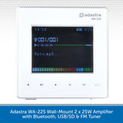 Adastras WA-225 wall-mount 2x25W amplifier with a white faceplate and a central color LCD display showing media controls. The image includes a blue text banner at the bottom describing the product features.