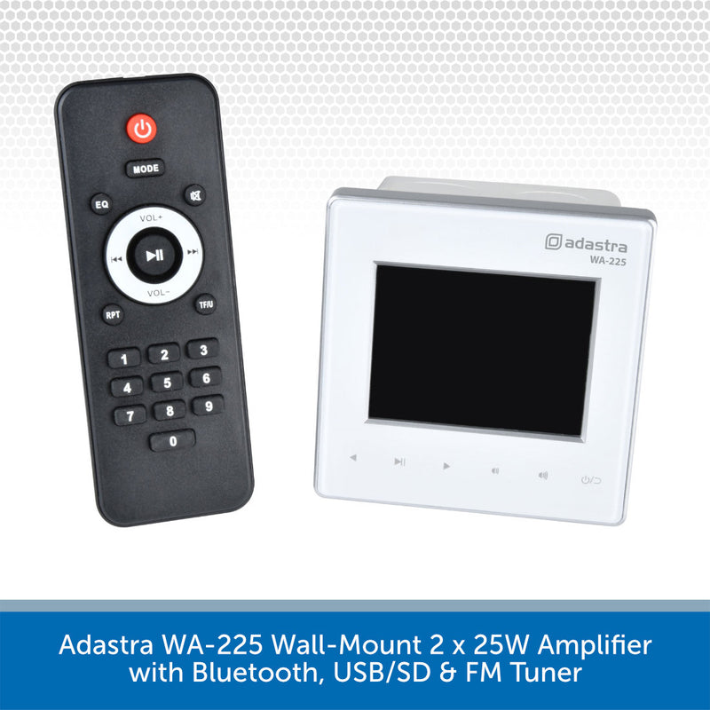 Adastra WA-225 wall-mount 2x25W amplifier shown with its black remote control and white front panel on a light gray patterned background, with a blue text banner at the bottom describing Bluetooth, USB/SD, and FM tuner features.