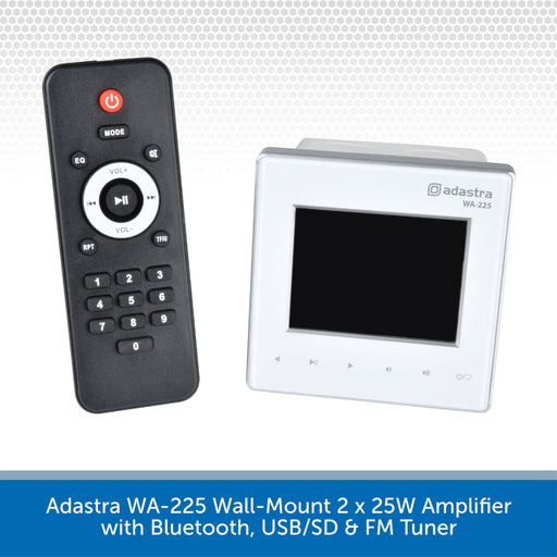 Adastra WA-225 wall-mount 2x25W amplifier shown with its black remote control and white front panel on a light gray patterned background, with a blue text banner at the bottom describing Bluetooth, USB/SD, and FM tuner features.