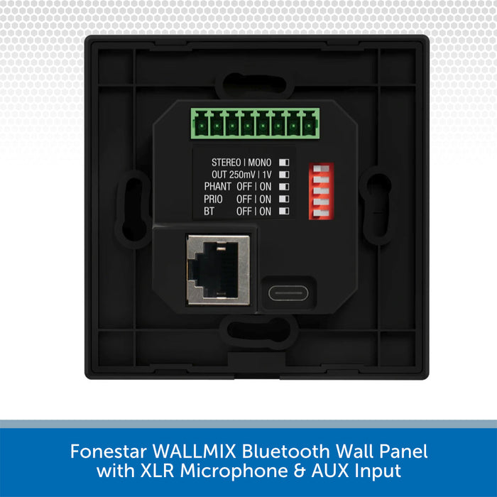 A black electronic wall panel with printed terminal labels, a green connector block, an RJ45 Ethernet port, and a USB-C port, shown on a white background with a blue text banner at the bottom reading 'Fonestar WALLMIX Bluetooth Wall Panel with XLR Microphone & AUX Input'.
