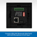 A black electronic wall panel with printed terminal labels, a green connector block, an RJ45 Ethernet port, and a USB-C port, shown on a white background with a blue text banner at the bottom reading 'Fonestar WALLMIX Bluetooth Wall Panel with XLR Microphone & AUX Input'.