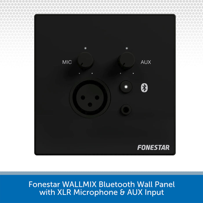 Black Fonestar WALLMIX Bluetooth wall panel with XLR microphone and AUX input controls, shown on a white background with a blue text banner at the bottom.