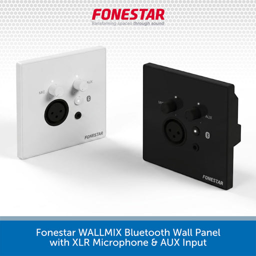 Two square Fonestar wall panels shown on a white studio background: one white panel with a XLR microphone input and white controls, and one black panel with a black XLR input and black controls. The Fonestar brand name is visible on both panels, with a red Fonestar logo at the top and a blue text banner at the bottom.