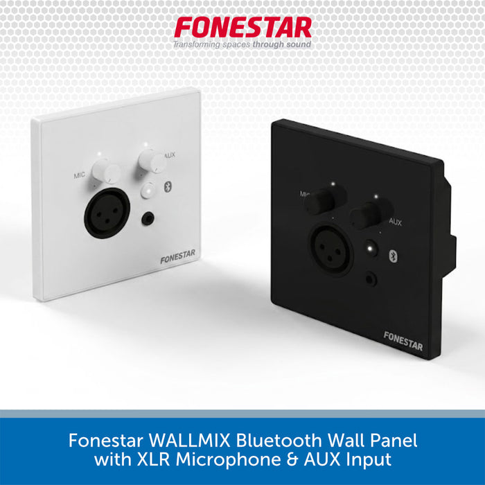Two square Fonestar wall panels shown on a white studio background: one white panel with a XLR microphone input and white controls, and one black panel with a black XLR input and black controls. The Fonestar brand name is visible on both panels, with a red Fonestar logo at the top and a blue text banner at the bottom.