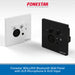 Two square Fonestar wall panels shown on a white studio background: one white panel with a XLR microphone input and white controls, and one black panel with a black XLR input and black controls. The Fonestar brand name is visible on both panels, with a red Fonestar logo at the top and a blue text banner at the bottom.