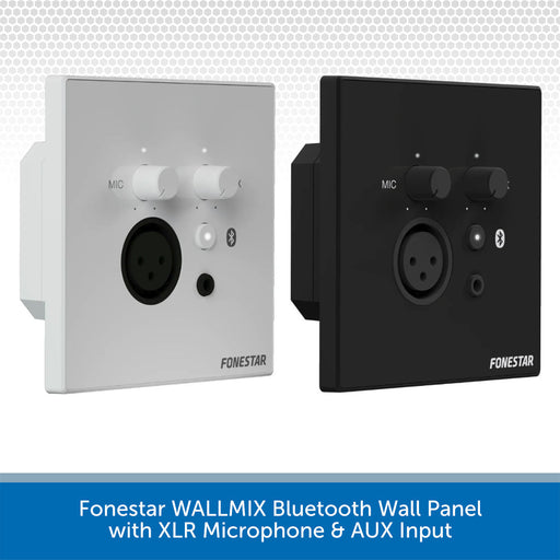Two square Fonestar WALLMIX Bluetooth wall panels shown side by side: one white and one black, each with volume knobs, a black XLR microphone input, a small button, a Bluetooth symbol, and the Fonestar logo near the bottom. A blue text banner appears along the bottom.