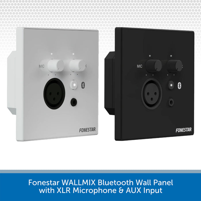 Two square Fonestar WALLMIX Bluetooth wall panels shown side by side: one white and one black, each with volume knobs, a black XLR microphone input, a small button, a Bluetooth symbol, and the Fonestar logo near the bottom. A blue text banner appears along the bottom.