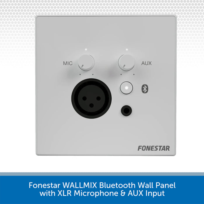 A square white Fonestar WALLMIX Bluetooth wall panel with a black XLR microphone input, an AUX input jack, two white rotary knobs labeled MIC and AUX, a white Bluetooth button with icon, and printed FONESTAR branding on a white background with a blue text banner at the bottom.