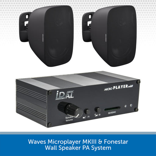 Waves Microplayer MKIII and Fonestar wall speaker PA system on a white background