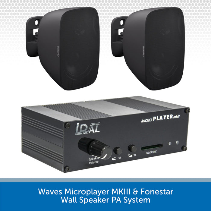 Waves Microplayer MKIII and Fonestar wall speaker PA system on a white background