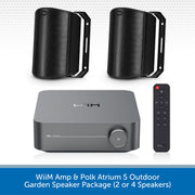 WiiM Amp and Polk Atrium 5 outdoor garden speaker package, featuring a gray central amplifier, two black cylindrical outdoor speakers, a black remote control, and a blue text banner at the bottom.
