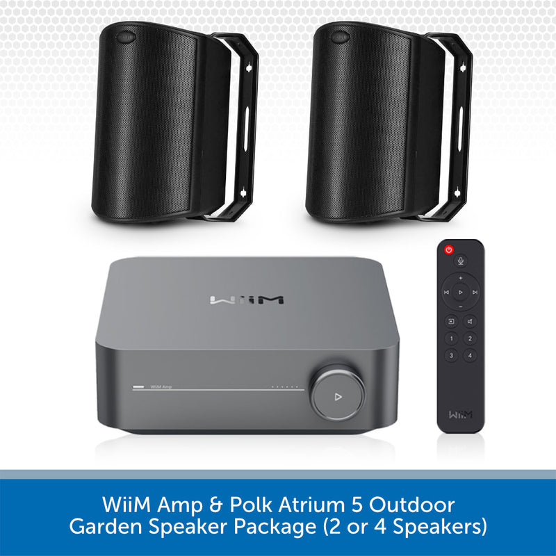 WiiM Amp and Polk Atrium 5 outdoor garden speaker package, featuring a gray central amplifier, two black cylindrical outdoor speakers, a black remote control, and a blue text banner at the bottom.