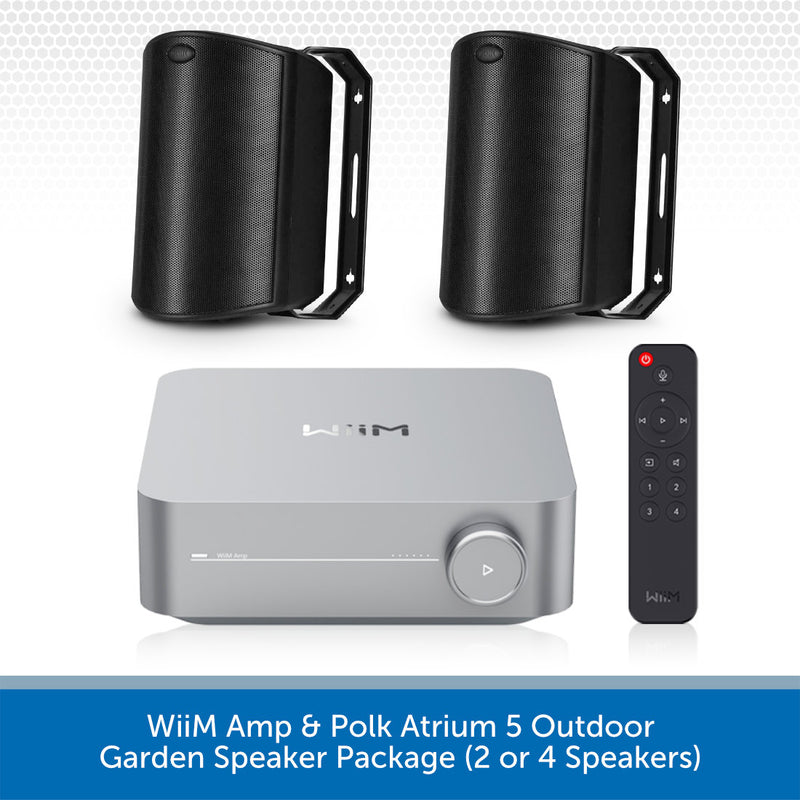 WiiM Amp and Polk Atrium 5 outdoor garden speaker package, featuring a silver WiiM amp, two black cylindrical outdoor speakers with mounting brackets, a black remote control, and a blue text banner at the bottom.