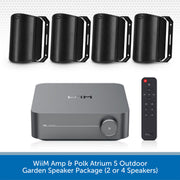 WiiM Amp and Polk Atrium 5 outdoor garden speaker package, featuring a gray WiiM amp, a black remote control, and four black cylindrical outdoor speakers shown in two configurations (all four and two), on a white background with a blue text banner at the bottom.