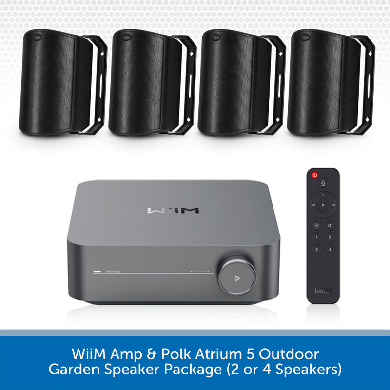 WiiM Amp and Polk Atrium 5 outdoor garden speaker package, featuring a gray WiiM amp, a black remote control, and four black cylindrical outdoor speakers shown in two configurations (all four and two), on a white background with a blue text banner at the bottom.