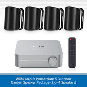 WiiM Amp and Polk Atrium 5 outdoor garden speaker package, featuring a silver WiiM amp, a black remote control, and four black outdoor speakers shown in two configurations (all four and two), on a white background with a blue text banner at the bottom.