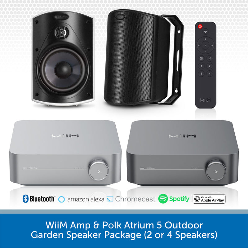 WiiM Amp & Polk Atrium 5 Outdoor Garden Speaker Package, featuring two silver receiver boxes, one black speaker, one black speaker enclosure, and a black remote control, with compatibility logos for Bluetooth, Amazon Alexa, Chromecast, Spotify, and Apple AirPlay on a white background with a blue banner at the bottom.