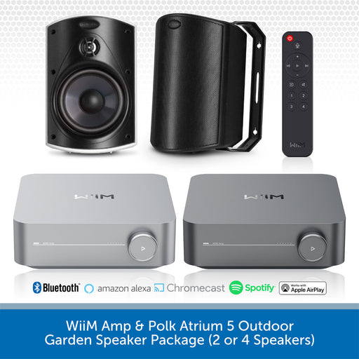 WiiM Amp & Polk Atrium 5 Outdoor Garden Speaker Package, featuring two silver receiver boxes, one black speaker, one black speaker enclosure, and a black remote control, with compatibility logos for Bluetooth, Amazon Alexa, Chromecast, Spotify, and Apple AirPlay on a white background with a blue banner at the bottom.