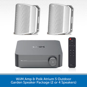 WiiM Amp & Polk Atrium 5 outdoor garden speaker package, featuring a black WiiM receiver box, two silver outdoor speakers, and a black remote control, with a blue text banner at the bottom.