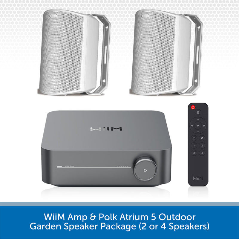 WiiM Amp & Polk Atrium 5 outdoor garden speaker package, featuring a black WiiM receiver box, two silver outdoor speakers, and a black remote control, with a blue text banner at the bottom.