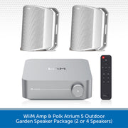 WiiM Amp and Polk Atrium 5 outdoor garden speaker package, featuring a silver WiiM amp, two silver outdoor speakers, a black remote control, and a blue text banner at the bottom.
