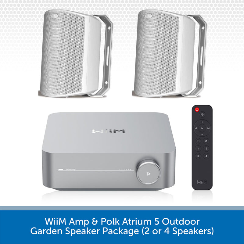 WiiM Amp and Polk Atrium 5 outdoor garden speaker package, featuring a silver WiiM amp, two silver outdoor speakers, a black remote control, and a blue text banner at the bottom.