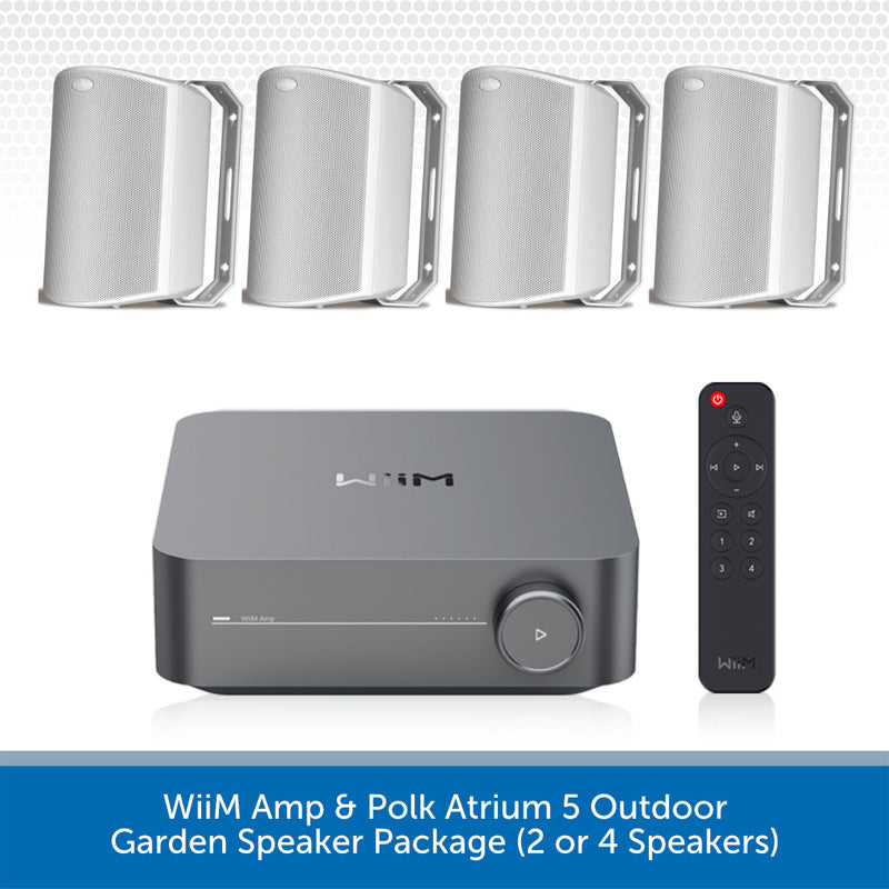 WiiM Amp and Polk Atrium 5 outdoor garden speaker package, featuring a central dark gray amplifier, four silver outdoor speaker enclosures, and a black remote control, with text at the bottom indicating the package includes 2 or 4 speakers.
