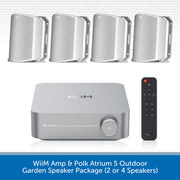 WiiM Amp and Polk Atrium 5 outdoor garden speaker package, featuring a silver WiiM amp, four silver outdoor speakers, and a black remote control, with a blue text banner at the bottom.