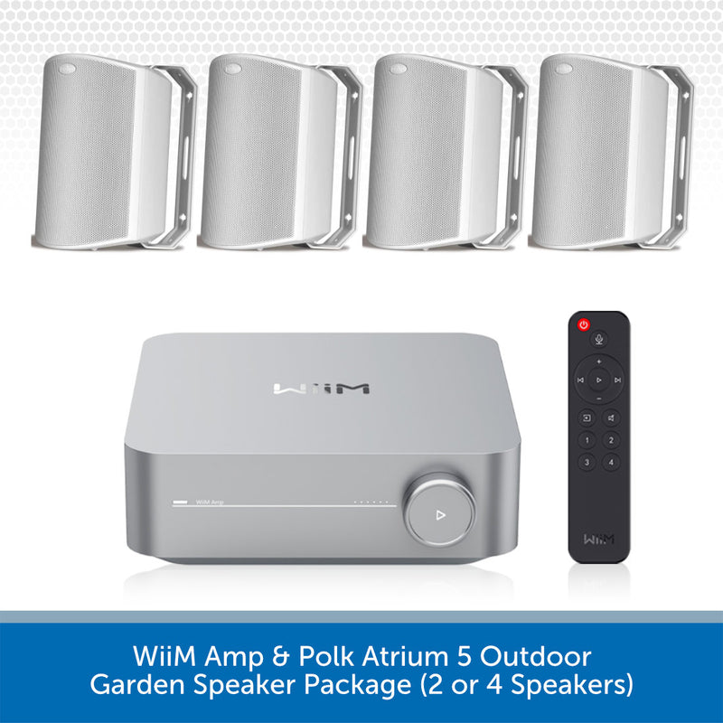 WiiM Amp and Polk Atrium 5 outdoor garden speaker package, featuring a silver WiiM amp, four silver outdoor speakers, and a black remote control, with a blue text banner at the bottom.