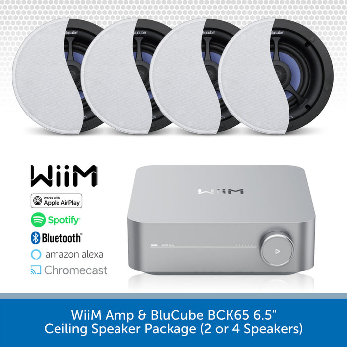 WiiM Amp & BluCube BCK65 ceiling speaker package with four speakers and a control unit on a white background.