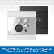 Two AUDAC WP225 universal wall panels shown on a white background, one in silver and one in black, with a blue text banner at the bottom reading 'AUDAC WP225 Universal Wall Panel with Bluetooth, Microphone & Line Input - Black or White'.