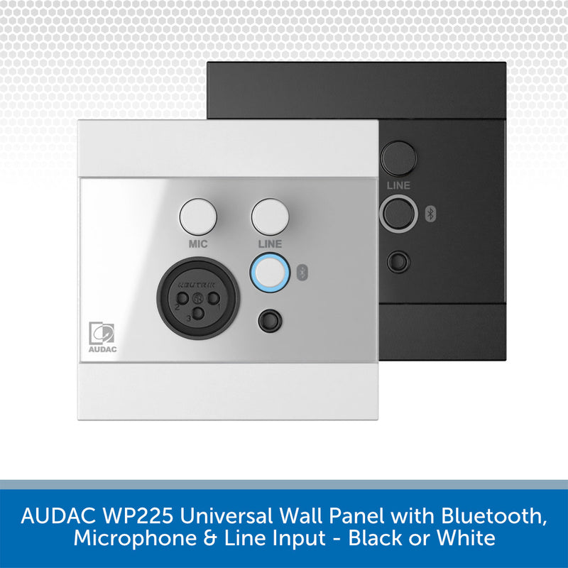 Two AUDAC WP225 universal wall panels shown on a white background, one in silver and one in black, with a blue text banner at the bottom reading 'AUDAC WP225 Universal Wall Panel with Bluetooth, Microphone & Line Input - Black or White'.