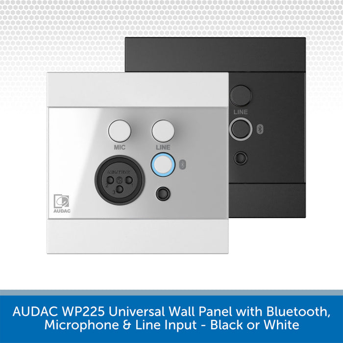 Two AUDAC WP225 universal wall panels shown on a white background, one in silver and one in black, with a blue text banner at the bottom reading 'AUDAC WP225 Universal Wall Panel with Bluetooth, Microphone & Line Input - Black or White'.