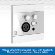Audac WP225 universal wall panel with microphone and line input jacks, featuring white and silver controls on a metallic faceplate, shown against a light gray patterned background with a blue text banner at the bottom.
