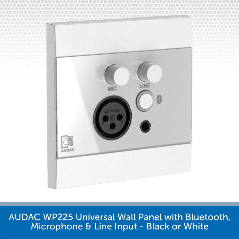 Audac WP225 universal wall panel with microphone and line input jacks, featuring white and silver controls on a metallic faceplate, shown against a light gray patterned background with a blue text banner at the bottom.