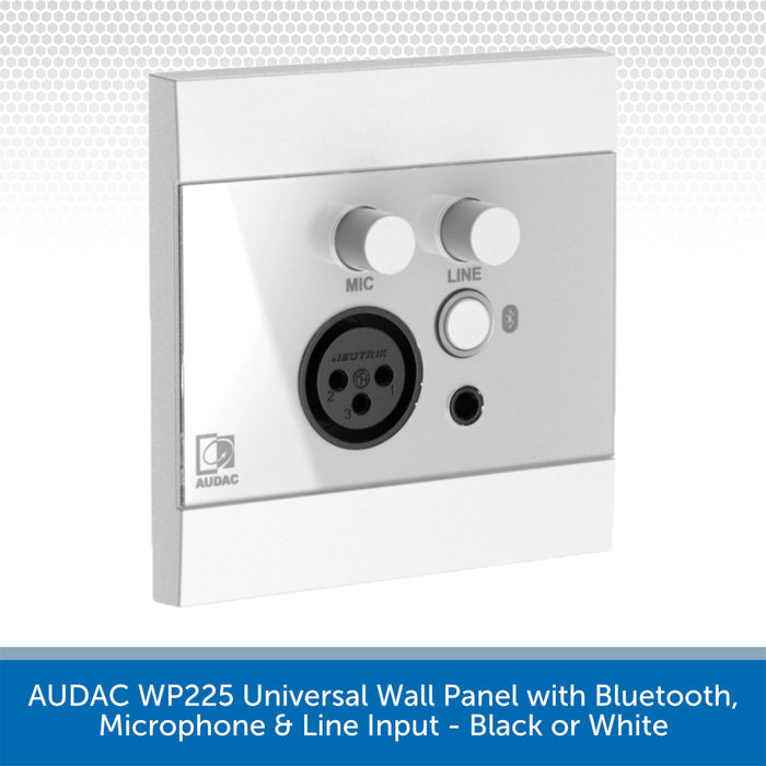 Audac WP225 universal wall panel with microphone and line input jacks, featuring white and silver controls on a metallic faceplate, shown against a light gray patterned background with a blue text banner at the bottom.