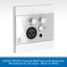 Audac WP225 universal wall panel with microphone and line input jacks, featuring white and silver controls on a metallic faceplate, shown against a light gray patterned background with a blue text banner at the bottom.